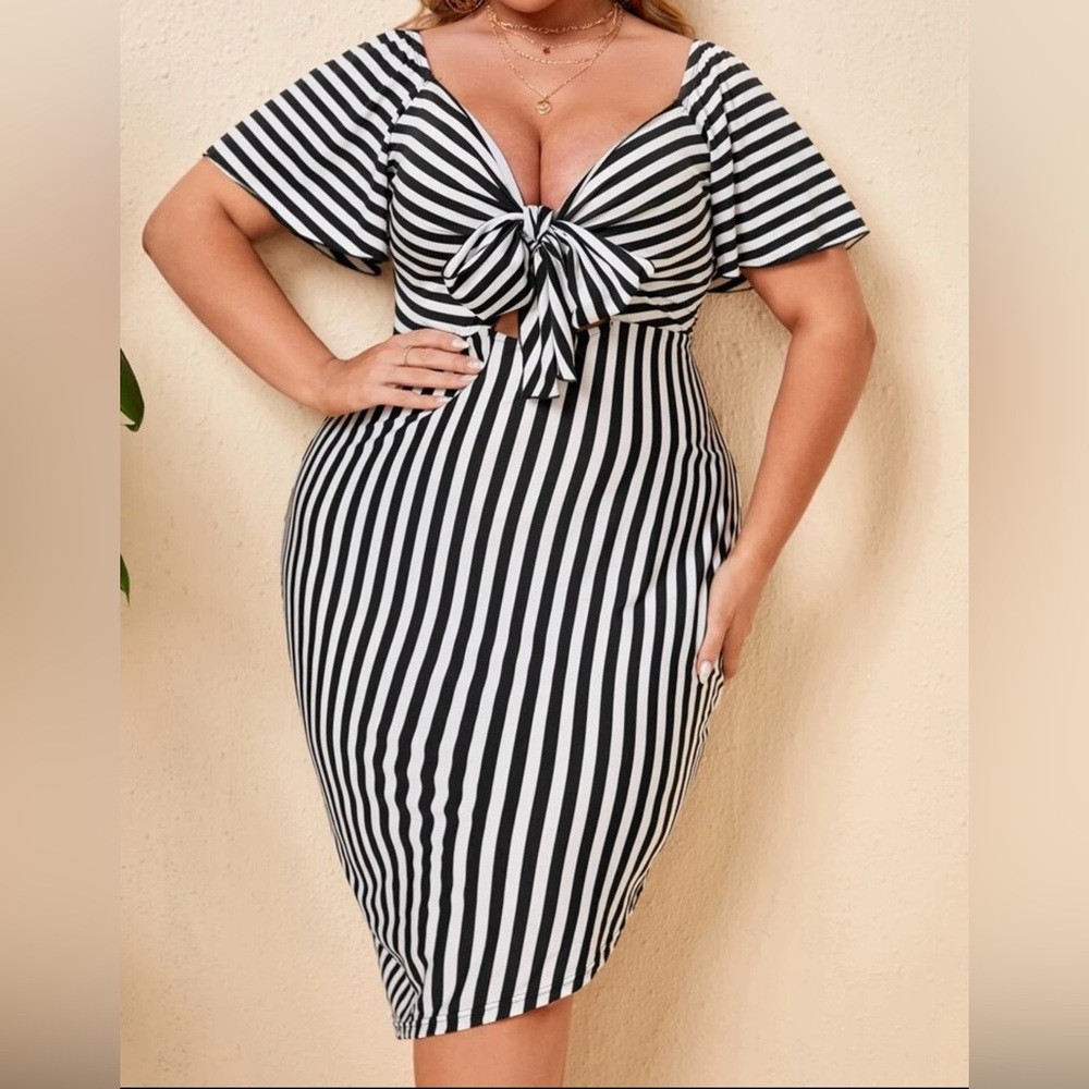 New Without‎ Tag Plus Two Tone Striped Flutter Sleeve Tie Front Dress Size 4XL